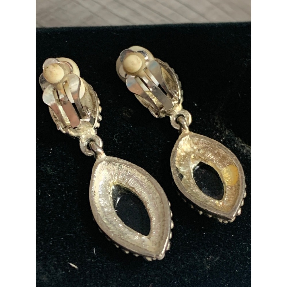 Vintage Silver Tone Black Marquise Stone Beaded Clip On Drop Dangle Earrings - Picture 4 of 6